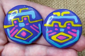 Vintage bunte runde Ohrringe mutig skurril Stamm Pop Art zum Tragen Festival - Bild 1 von 3
