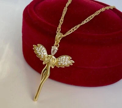 Halskette Engel Engelsflügel Anhänger Zirkonia Kristall 585er 14K Gold vergoldet - Bild 1 von 4