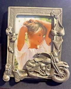 VINTAGE PEWTER BIKER ENTHUSIAST PHOTO FRAME w/ 3D Motorcycle & Accessories Decor - Picture 1 of 5