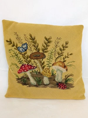 Vtg MUSHROOM Needlepoint throw Pillow Leaves Mushrooms Handmade 15”x14” Cottage - Image 1 of 4
