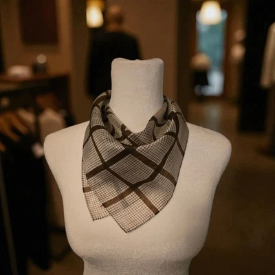 Vintage Silk Neck Scarf Brown & White Checkered Square Design Hand Rolled Hem - Image 1 of 4