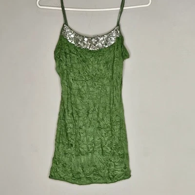 Y2K Charlotte Russe Babydoll Tank Green Sequin Embellished Spaghetti Strap Boho - Image 1 of 4