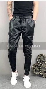 Men's Black Leather Joggers Pants| Real Soft Lambskin Leather Customized Tracks. - Picture 1 of 5
