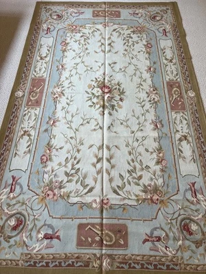 Elegante alfombra de lana aubusson hecha a mano 5x8 azul claro multicolor floral Foto 1 de 4