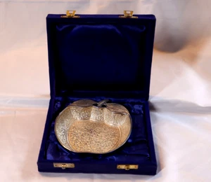 Vintage Silver Small Trinket Jewelry Dish with Royal Blue Satin &Velvet Box - Picture 1 of 9