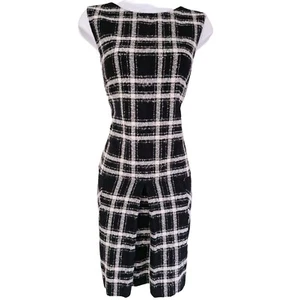 Womens Hobbs Black White Check Tartan Pleated Boucle Pockets Wool Shift Dress 12 - Picture 1 of 10