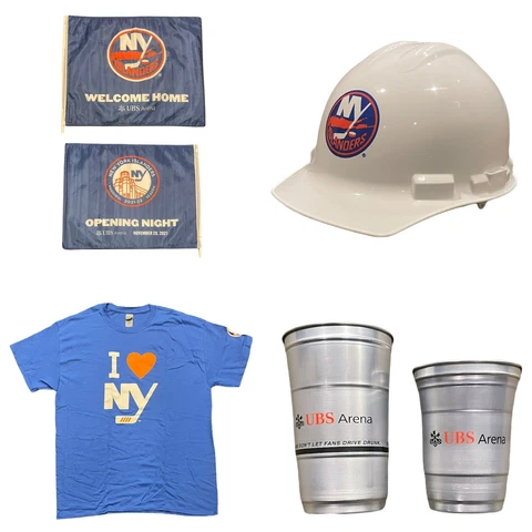 NY Islanders Opening Night 11/20/2021 UBS Arena Flag Hardhat T-Shirt Cups SGA Cover