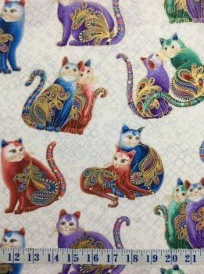 Cat-I-Tude PurrFect Playful White Metallic Hilites Cotton Quilting Fabric 1/2 YD - image 1 of 1