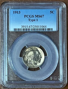 1913 P Type 1 Buffalo Nickel 5C PCGS MS67 - Nicely Toned - 3915.67/25011064 - Picture 1 of 16
