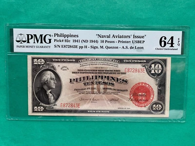 PHILIPPINES 1941 (1944) 10 PESO NAVAL AVIATOR'S NOTE P-92c PMG CH UNC 64 EPQ TOP - Image 1 of 2