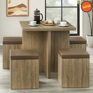 Juego de Comedor 4 Sillas y Mesa Gris Moderno Storage Stools Kitchen Table Taupe - Picture 1 of 8