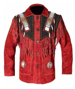 Herren Indianer Western Cowboy Wildleder Lederjacke Fransen & Perlen - Bild 1 von 5