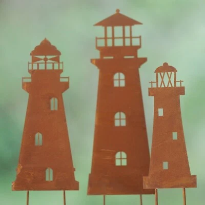 Gartenstecker Stecker Gartenstab Eisen Edel Rost Leuchtturm Neuwerk 3tlg. - Bild 1 von 3