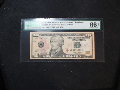 2009 CLEVELAND $10 Dollar PMG GEM UNC 66 EPQ Federal Reserve STAR NOTE $10 BILL! - Image 1 of 4