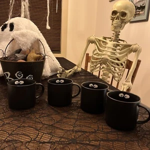 New! Pottery Barn Black Boo Mug Set Of 4 - Picture 1 of 8