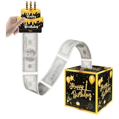Caja de dinero de cumpleaños, caja de regalo de billete de dólar, porta dinero de plástico, oro negro Foto 1 de 3