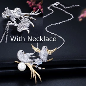 2 Tone Gold Plated Pearl Zircon Bird Brooch Pendant Necklace 2 in 1 Jewelry Gift - Picture 1 of 11