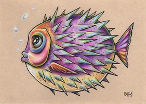 Puffer Fish funky small 5x7 wall art fine quality print Bryan Collins - Picture 1 of 2