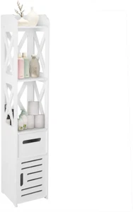 Corner Bathroom Storage Cabinet, Modern White Floor Cabinet Wooden Tall Narrow B - Picture 1 of 7
