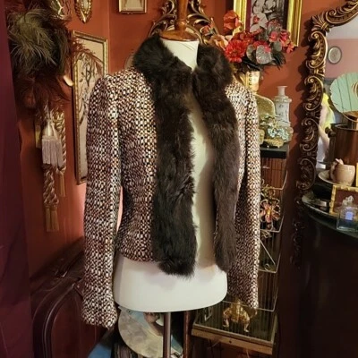 VINTAGE 1960s CAMEL/WHITE TWEED JACKET FULLY LINED w/GENUINE FUR COLLAR 12/M - Image 1 of 4