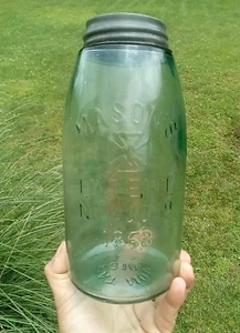 Vintage Blue Ball Mason Cross 1858 Tall 9" Canning Jar w/ Zinc Lid - Picture 1 of 14