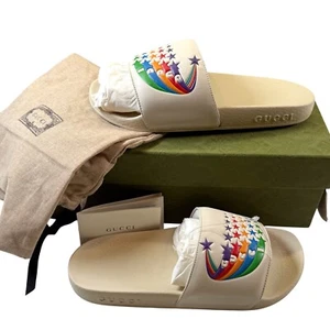 GUCCI Rainbow Pursuit Leather Slides Sandals White Size 37 (US Size 7) NEW - Picture 1 of 9