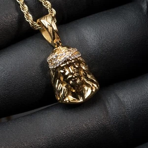 Mini Micro Nano Iced Hip Hop Mens Gold Jesus Piece Pendant Rope Chain Necklace - Picture 1 of 4