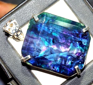 Certified 69.40Ct Natural Ammolite 925 Silver Emerald Cut Pendant Loose Gemstone - Picture 1 of 6