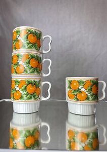 Stackable Coffee Mugs Orange Lot Of 4 White Ceramic Vintage Cups 8 oz Japan