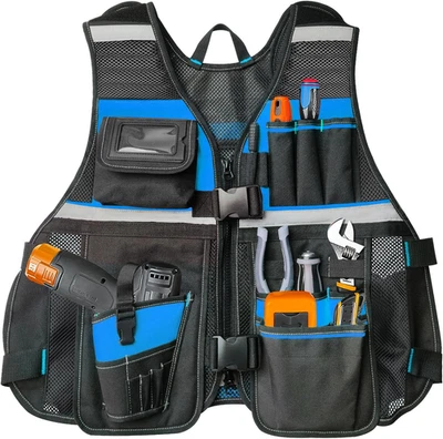 Tool Vest, Electrician Tool Vest with Drill Holster, 17 Compartments, Reflective - Image 1 of 4