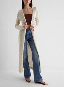 Express Crochet Duster Sweater Extra Small Ivory Womens Cardigan Belted New NWT - Picture 1 of 12