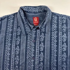 Y2K Guess Textured Shirt All Over Print Button Down Shirt Sz L Blue Millennial - Picture 1 of 7