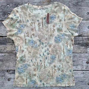 NEW Vintage Xcit USA Paisley Brown Boho Fitted Tee Large Short Sleeve Shirt Top - Picture 1 of 6