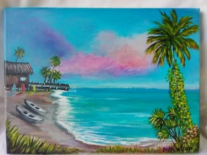 Original Acrylic Painting 9"x12" Canvas Seaside Surf Hut Beach Decor Artwork - Picture 1 of 7