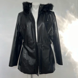 Massini Vintage Y2K hooded fur trim leather jacket - Picture 1 of 14