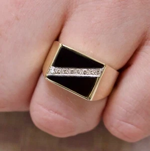 NOS MENS FOURTEEN KARAT YELLOW GOLD NATURAL MINED DIAMOND & STONE RING size 9.5 - Picture 1 of 7