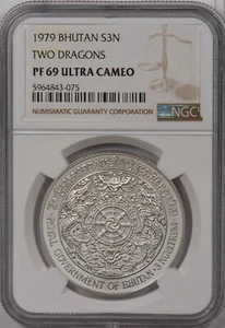 1979 Bhutan 3 Ngultrums Two Dragons PF69 Silver Proof NGC PF69 Ultra Cameo WOW! - Picture 1 of 3