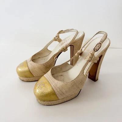 Chanel Oro Puntera CC Rafia Zapatos de salón EU 38 Foto 1 de 4