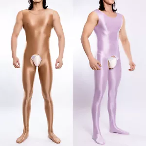Men Bodysuit Smooth Underwear Glossy Jumpsuit One Piece Role Play Sexy Footed - Picture 1 of 97