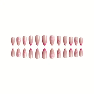 Short Almond Press-On Fake Nail Elegant Sweet Flowers French Manicure 24pcs - Picture 1 of 5