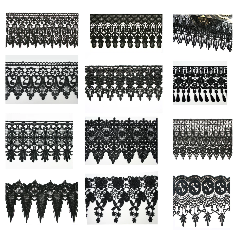 3" 4" 4.5" 4.75" 5" 5.75" 7.5" Variety Black Embroidery Venice Lace Trim by Yard - Image 1 of 1
