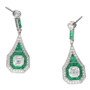 Egyptian Art Deco Style White Lab-Created Diamonds & Green Emeralds Earrings - Picture 1 of 6