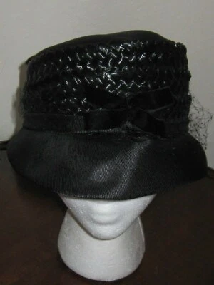 Vintage Hat Blk crepe woven ribbon netting velvet bow Church Wedding Dressy Cute - Image 1 of 4