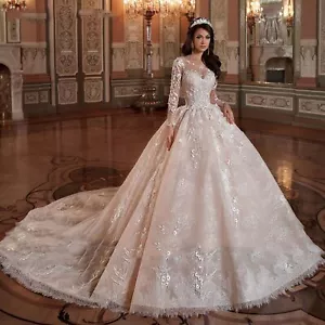 IS-NWT Luxury US18W Wedding Dress Long Sleeve Beading Flowers Scoop Wedding Gown - Picture 1 of 9