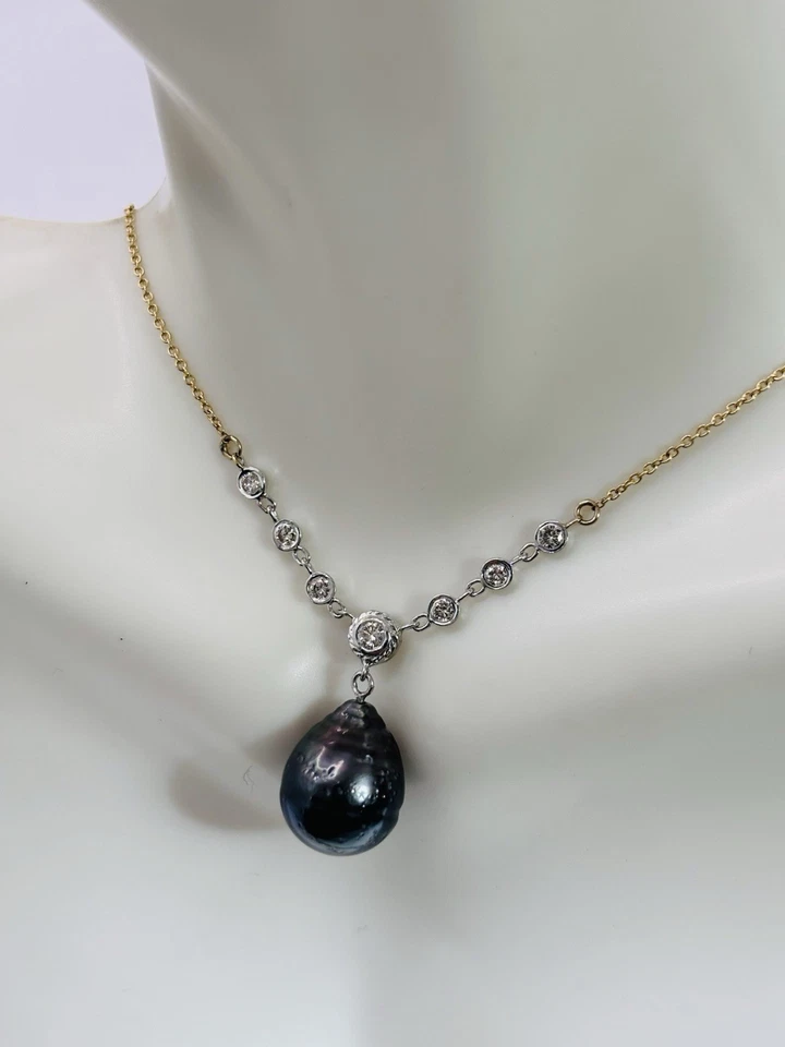 pearl necklace fine jewelry black pinctada 14-12mm 14k gold 0.5ct diamonds - Image 1 of 3