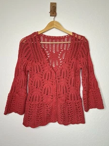 Free People Red Crochet Snap Button Up Knit Sweater Cardigan Size Small - Picture 1 of 3
