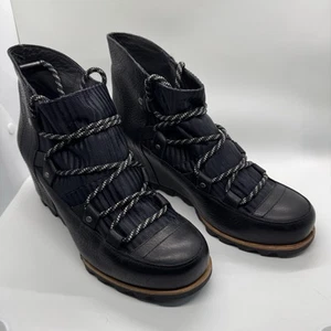 Sorel Sandy Hidden Wedge Lace Up Ankle Booties Black Leather Womens Size 10 - Picture 1 of 13