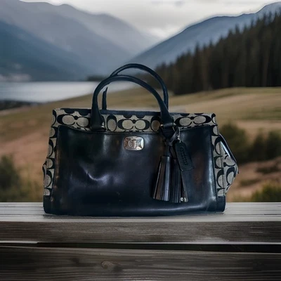 Vintage Coach Signature Canvas Shoulder Bag With Black Leather Trim And Accents - Image 1 of 4