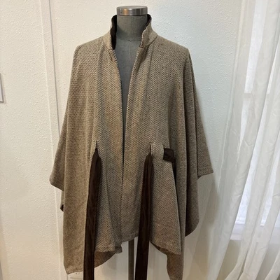Soft Surroundings Herringbone Tweed Poncho Cape Wrap OS Belted RN 101206 - Image 1 of 4