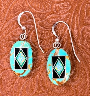 🩵 Pendientes colgantes con incrustaciones de intarsia de plata de ley con turquesa, ópalo de laboratorio y ónix Foto 1 de 4